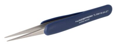 Pinzas ergonómicas ESD de acero inoxidable estilo SM116 con puntas ranuradas para el posicionamiento de dispositivos cilíndricos verticales, 115 mm - 4,53"